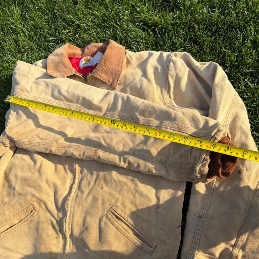 Vintage Carhartt Detroit Jacket Tan Duck Canvas Quilted Lining Distressed Mens - Picture 9 of 10